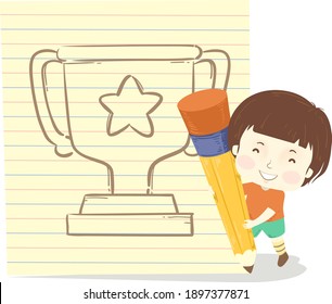 Illustration of a Kid Boy Holding a Big Pencil with a Paper with a Sketch of Trophy