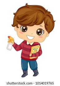 Illustration of a Kid Boy Holding a Bottle Spray and a Book about Gardening