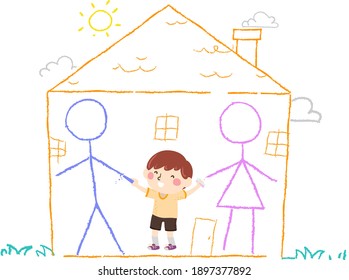 Ilustración de un niño sosteniendo charlas con su padre y su madre en casa como garabatos que dibujó