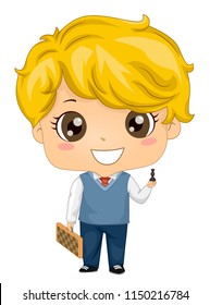 Illustration of a Kid Boy Holding a Chess Piece and Chess Board