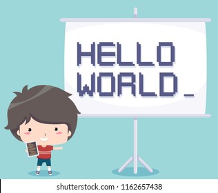 Ilustración de un niño que sostiene tableta de computadora con Hello World en programación de pantalla de proyectores
