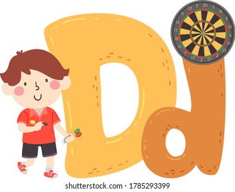 Illustration of a Kid Boy Holding Darts and a Dartboard. Sports Alphabet