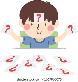 Illustration of a Kid Boy Holding Flash Cards with Question Marks on Them