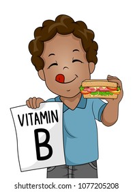 Illustration of a Kid Boy Holding a Ham and Cheese Sandwich and a Vitamin B on Paper