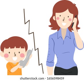 Illustration Of A Kid Boy Holding A Home Phone On His Ear Calling And Talking To His Mother On Mobile Phone