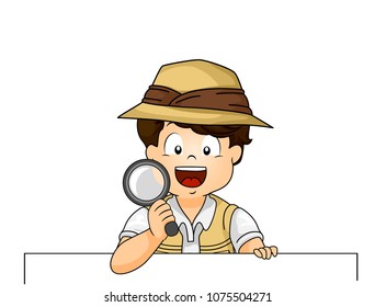 Illustration of a Kid Boy Holding a Magnifying Glass and a Blank Board