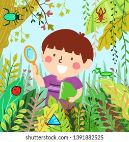 Illustration of a Kid Boy Holding Magnifying Glass and a Book Looking for Insects in the Wild