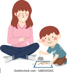 Illustration of a Kid Boy Holding a Mini Sweeping Brush, Sweeping Things Inside a Marked Square