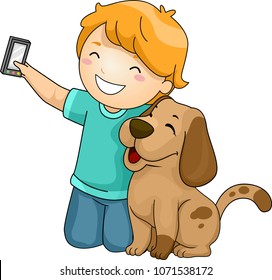 Illustration of a Kid Boy Holding a Mobile Phone Taking Selfie with His Pet Dog
