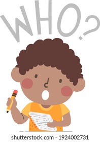 Illustration of a Kid Boy Holding Notes and Pencil and Asking a Who Question for a Journalism Class