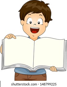 Illustration of Kid Boy holding an Open Blank Book