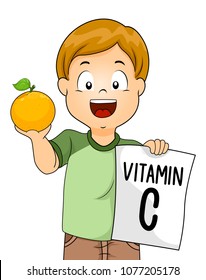 Illustration of a Kid Boy Holding an Orange Fruit and a Vitamin C on Paper