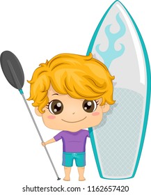 Illustration of a Kid Boy Holding a Paddle and a Board for Paddleboarding