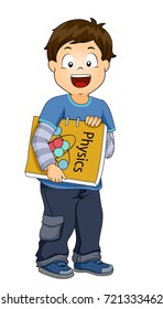 Illustration of a Kid Boy Holding a Physics Book with a Molecule Illustration