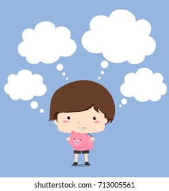 Illustration of a Kid Boy Holding a Piggy Bank Surrounded by Thinking Clouds