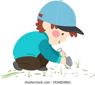 Illustration of a Kid Boy Holding Shovel and Removing Weeds from the Garden