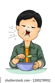 Illustration Of A Kid Boy Holding Spoon, Eating From A Bow And Talking With His Mouth Full, Spitting Food All Over