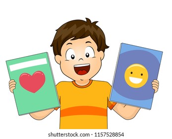 Illustration of a Kid Boy Holding Story Books with Stories About Love and Happiness