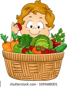 Illustration of a Kid Boy Holding a Strawberry from a Basket Full of Vegetables