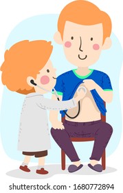 Illustration of a Kid Boy Holding a Toy Stethoscope and Playing Doctor with His Father as Patient