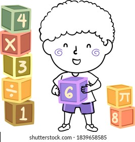 Illustration of a Kid Boy Holding a Toy Block with a Number and Standing with Stacks of Blocks