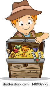 Illustration Of A Kid Boy Holding A Treasure Box Full Of Treasures