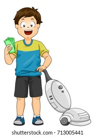 Illustration of a Kid Boy Holding a Vacuum Cleaner and Some Money