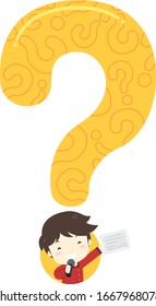 Illustration of a Kid Boy Hosting a Show Holding a Microphone and Script with a Big Question Mark