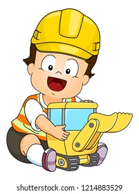 Illustration of a Kid Boy Hugging a Back Hoe Construction Toy Wearing Yellow Hard Hat