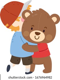 Ilustración de un niño abrazando a su amigo imaginario, un osito de peluche