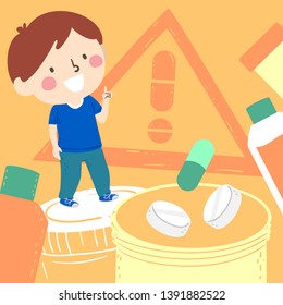 Illustration of a Kid Boy with Index Finger Pointing Up and Tablets and Pills Around. Medicine Awareness