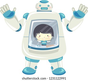 Illustration eines Kid Boy innerhalb eines Roboters, der ihn von innen steuert