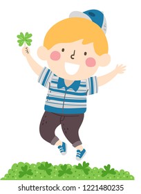 Illustration of a Kid Boy Jumping After Finding a Four Leaf Clover