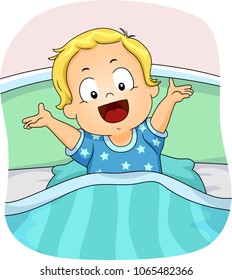 Illustration of a Kid Boy Just Woken Up on Bed with Hands Up and Smiling