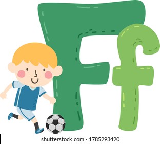 Illustration Of A Kid Boy Kicking Football. Sports Alphabet