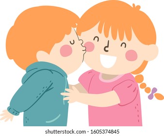 Illustration of a Kid Boy Kissing a Girl on the Cheek