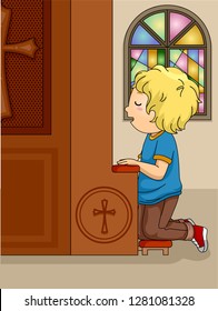 Illustration of a Kid Boy Kneeling Down the Confessional Inside Church Confessing His Sins