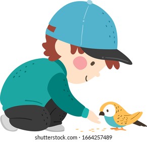 Illustration of a Kid Boy Kneeling on One Knee and Feeding a Bird