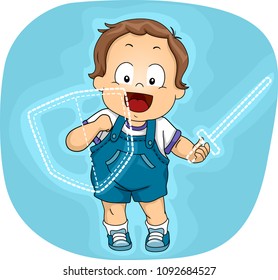 Illustration Of A Kid Boy Knight With Imaginary Shield And Sword Ready For A Fight