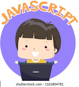 Illustration of a Kid Boy with Laptop and Javascript. Programming Icon