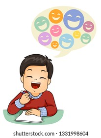 Illustration Of A Kid Boy Laughing And Writing Jokes On Paper With A Speech Bubble With Full Smiley Faces