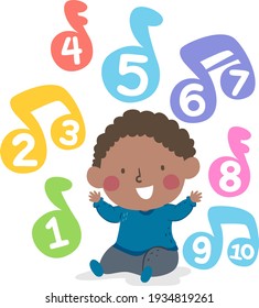 Illustration of a Kid Boy Learning About Numbers Through Number Songs, Music Notes with Numbers