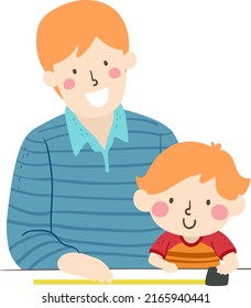 Illustration of Kid Boy Learning To Use Meter. Dad Teaching Son for Measurement