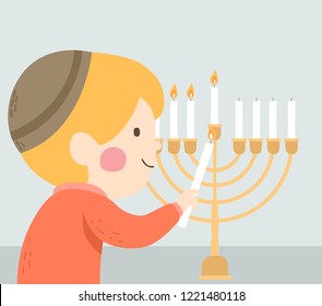 Illustration of a Kid Boy Lighting the Menorah for Hanukkah