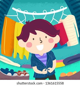 Ilustración de un niño que busca ropa apropiada para el día desde su ropa interior