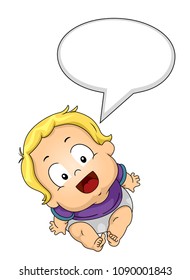 Ilustración de un niño mirando hacia arriba con una burbuja de discursos en blanco con espacio para su primera palabra