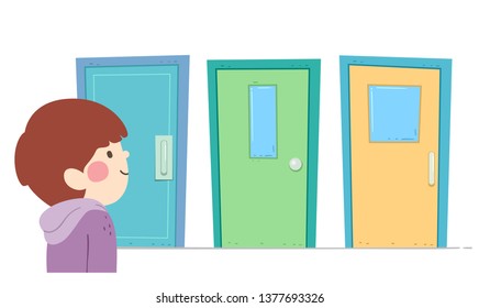 Illustration of a Kid Boy Looking and Choosing Between Three Doors