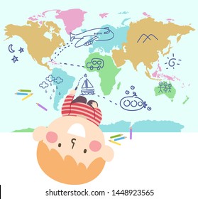 Illustration eines kleinen Jungen, der Doodles auf einer Karte von Airplane, Mountain, Submarine, Segelboot, Wolken und Star aufsucht und zeichnet