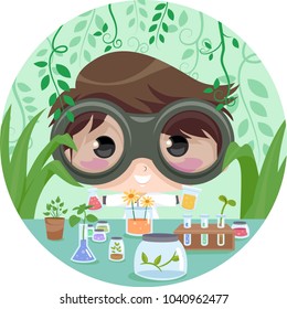 Illustration of a Kid Boy Looking at His Plant Experiments