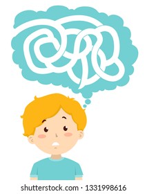 Illustration of a Kid Boy Looking Up to His Thinking Cloud with a Maze Inside